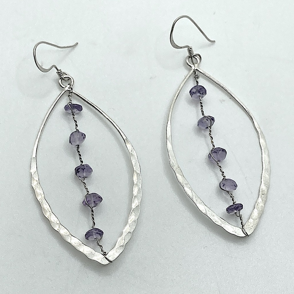 Vtg Sterling & Amethyst Hammered Texture Marquis Shaped Hook Earrings / 2.6”